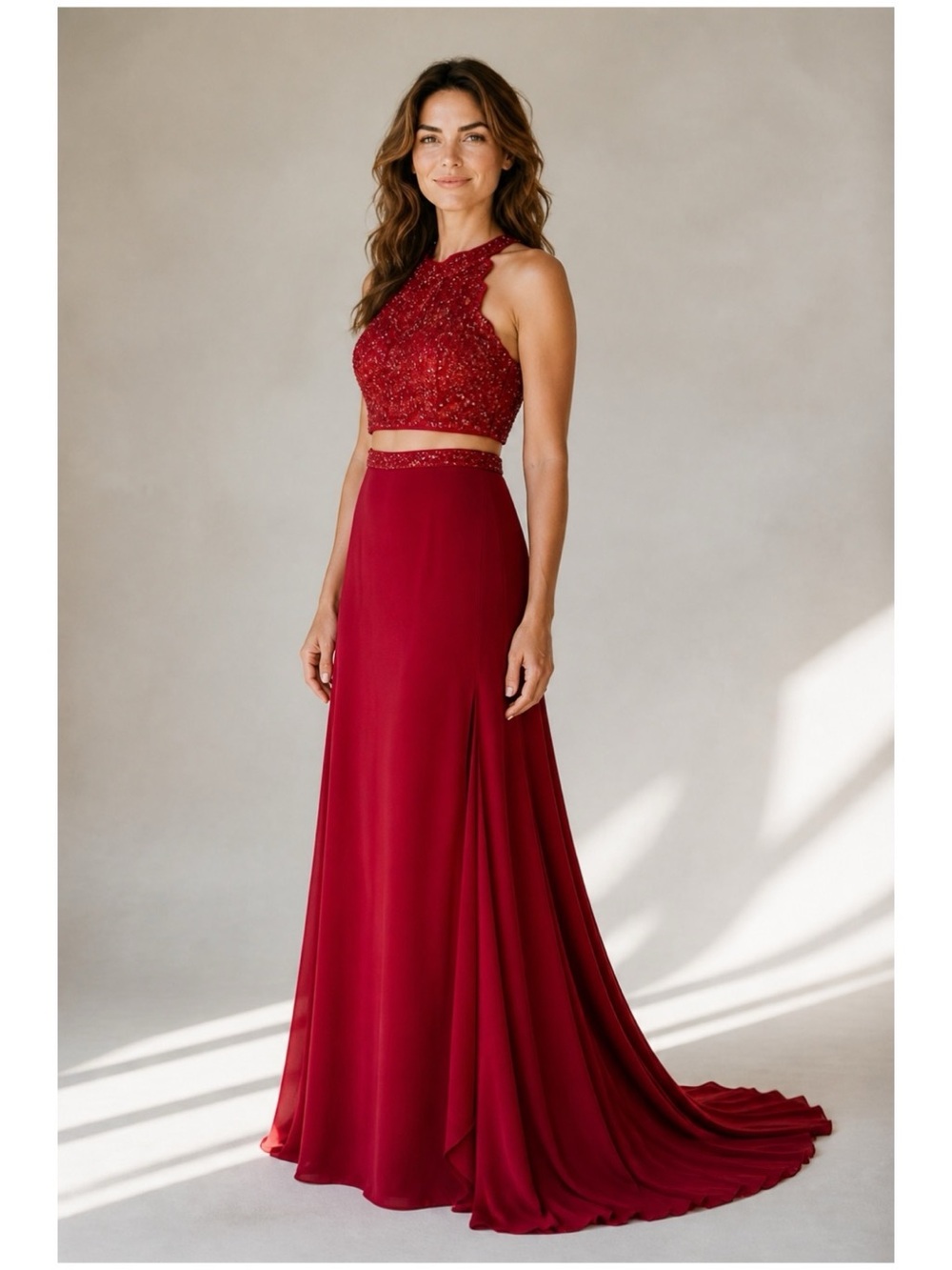 Sherri Hill Women’s Sz 6 Red Two Piece Set Prom Beaded Sequin Jersey Cutout